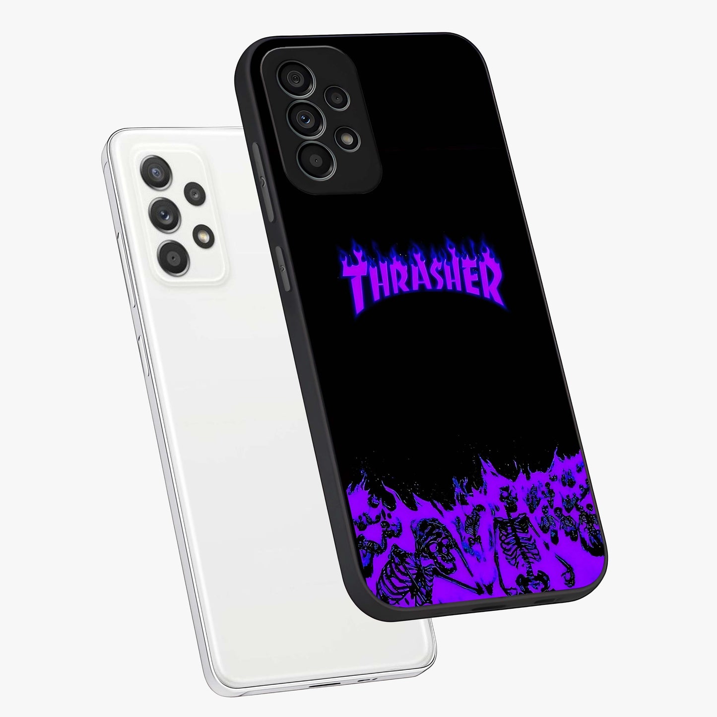Neon Flame Riot Glass Case displayed in angled mockup highlighting glowing flame design with vibrant neon aesthetic.