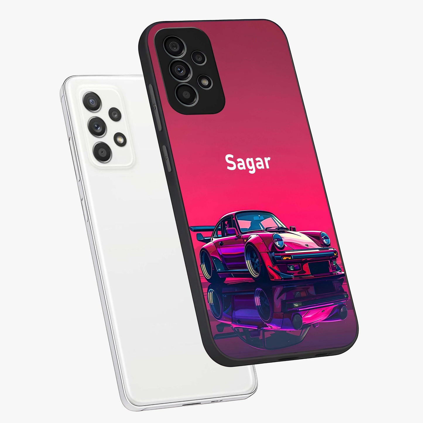 Neon Pink Porsche Glass Case displayed in angled mockup highlighting sleek neon pink car design with racing aesthetic.