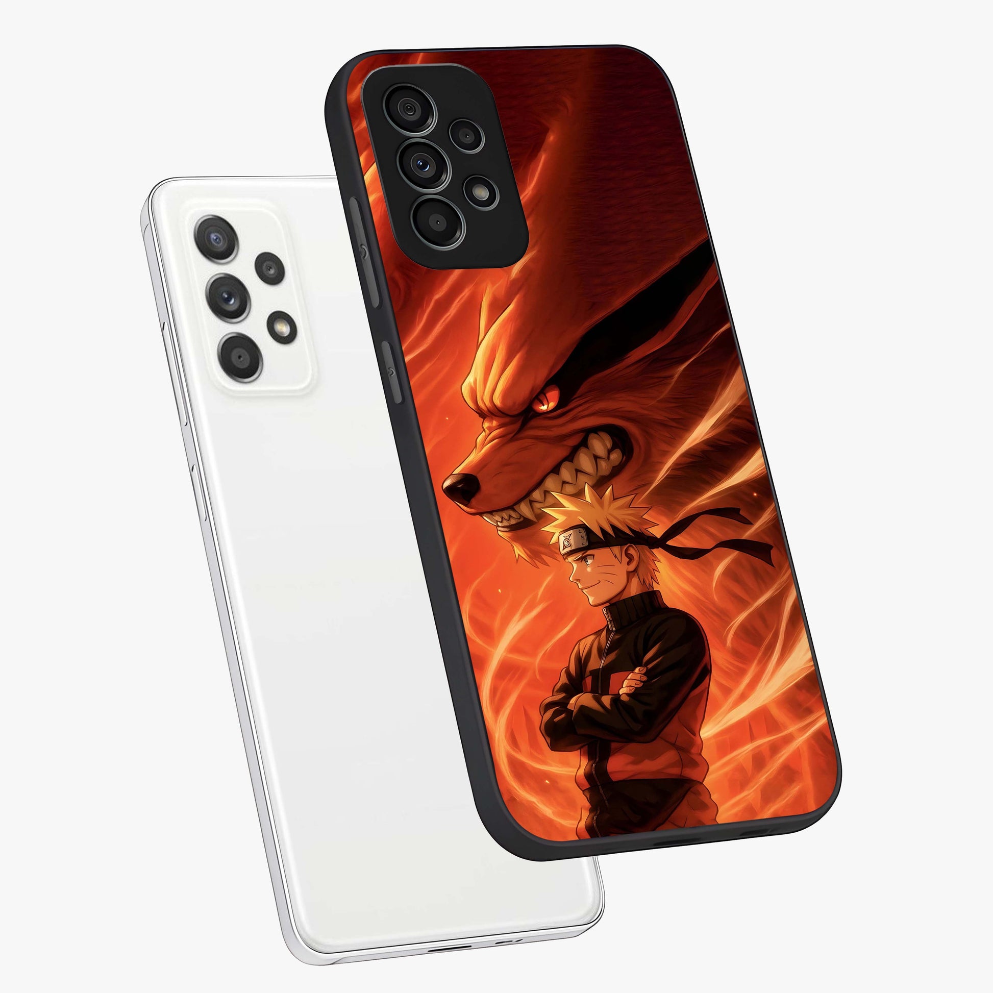 Nine Tails Legacy Glass Case displayed in angled mockup highlighting dynamic anime beast illustration with bold mystical aesthetic.