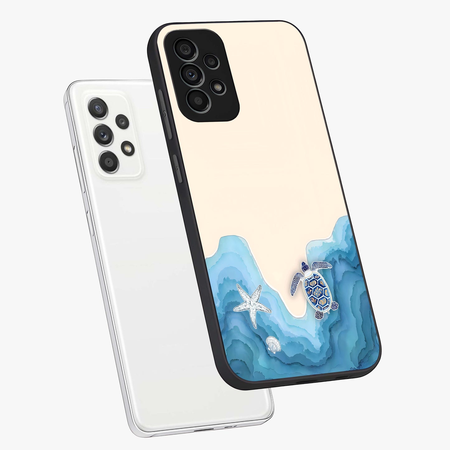 Ocean Drift Turtle Glass Case displayed in angled mockup highlighting peaceful ocean turtle illustration with marine aesthetic.