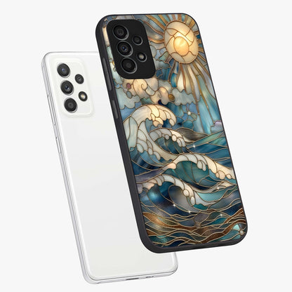 Oceanic Stained Printed Glass Case displayed in angled mockup highlighting colorful aquatic design with artistic aesthetic style.
