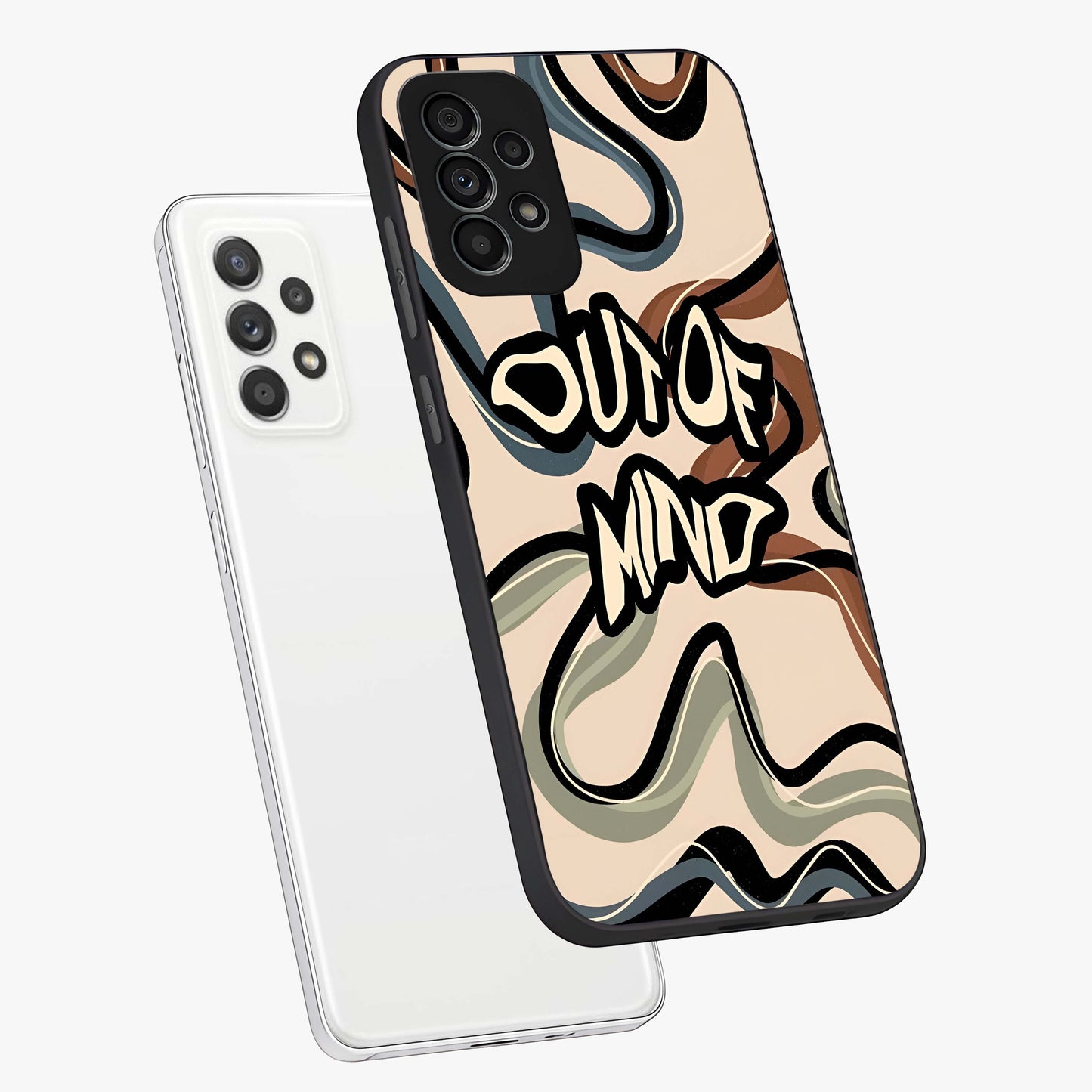 Out Of Mind Glass Case displayed in angled mockup highlighting bold statement design with modern artistic aesthetic.