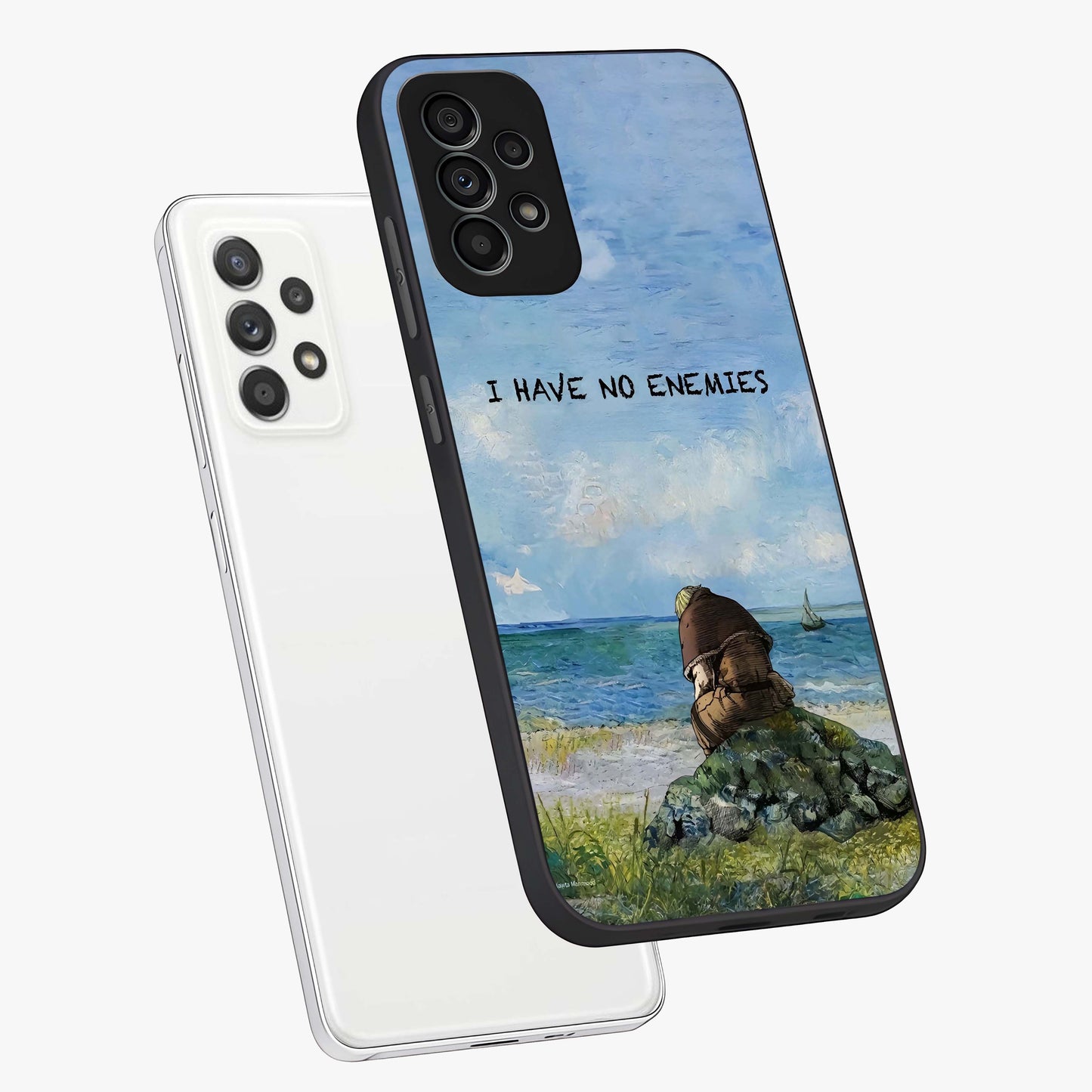Peace Beyond War Glass Case displayed in angled mockup highlighting meaningful message design with artistic aesthetic style.