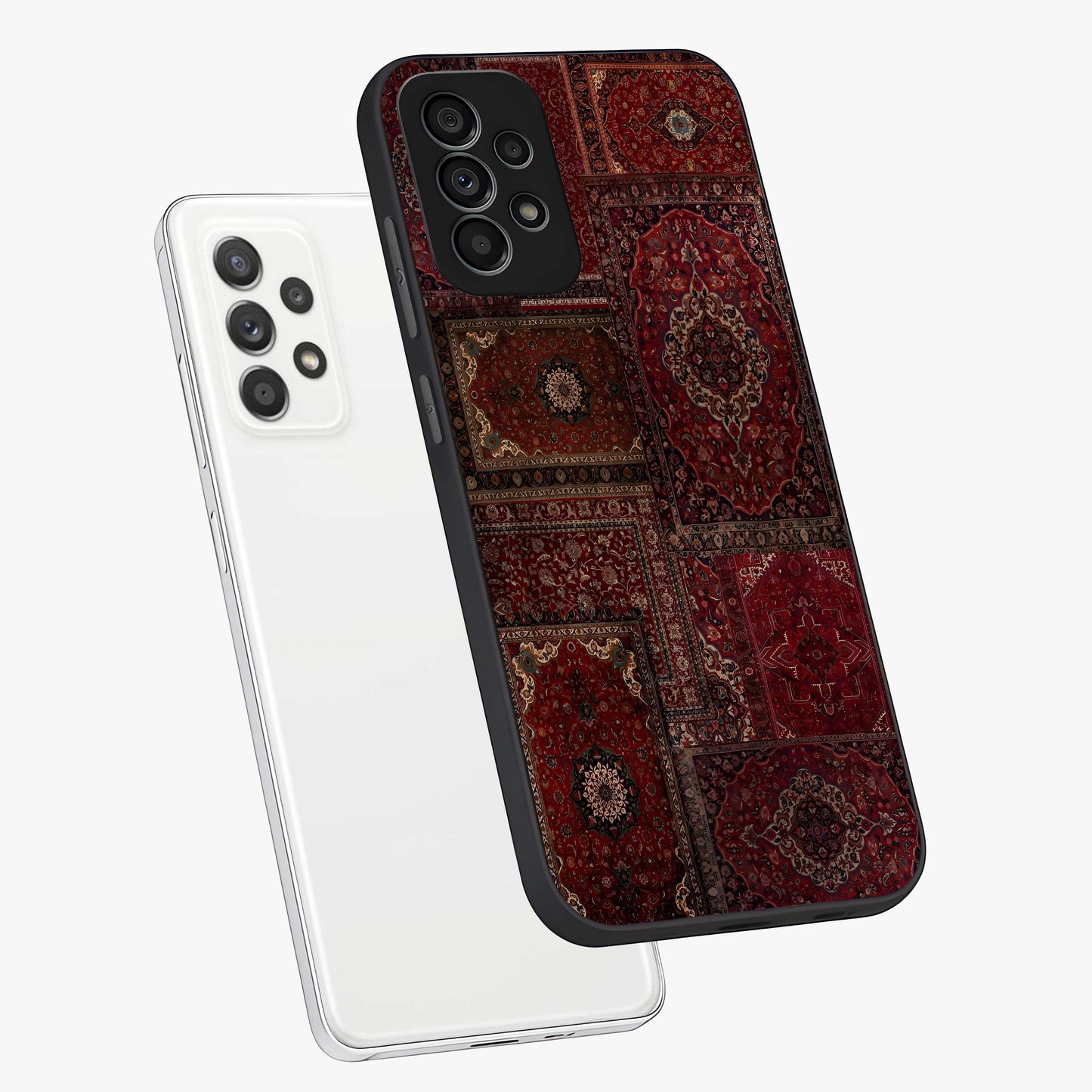 Persian Velvet Tale Glass Case displayed in angled mockup highlighting ornate textile inspired design with royal aesthetic.