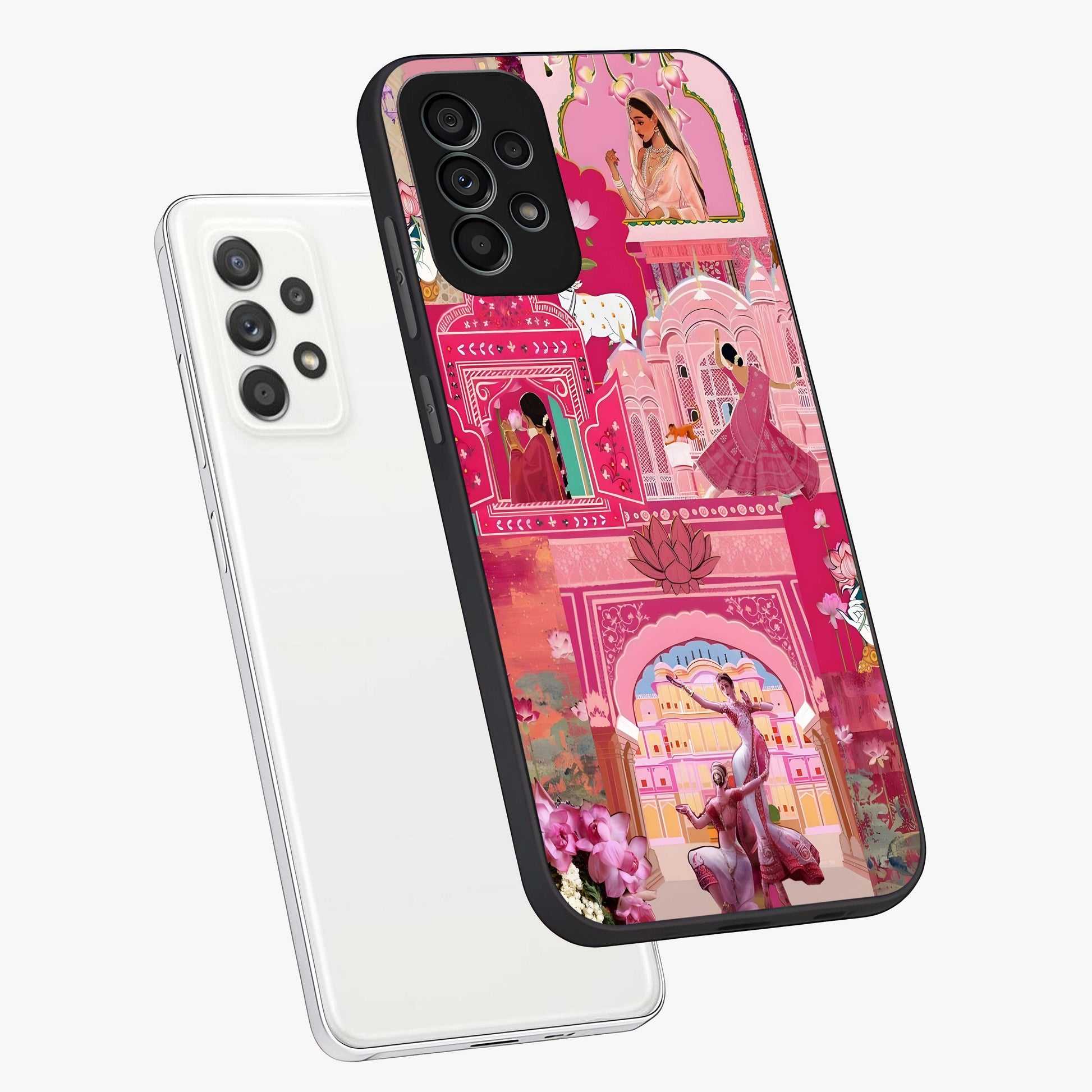 Pink Palace Muse Glass Case displayed in angled mockup highlighting dreamy palace illustration with soft pink aesthetic.