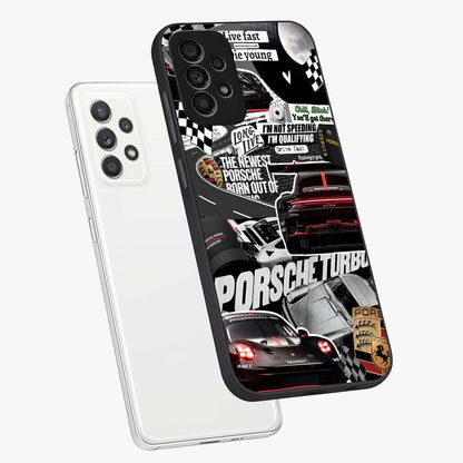 Porsche Racing Collage Glass Case displayed in angled mockup highlighting dynamic automotive design with bold racing aesthetic.