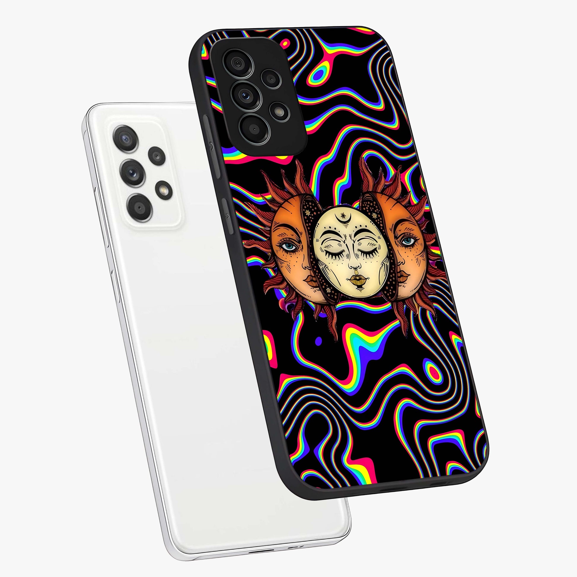 Psychedelic Sun Glass Case displayed in angled mockup highlighting vibrant abstract sun design with artistic aesthetic style.