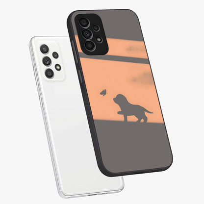 Puppy Shadow Art Glass Case displayed in angled mockup highlighting playful dog illustration with artistic shadow aesthetic.