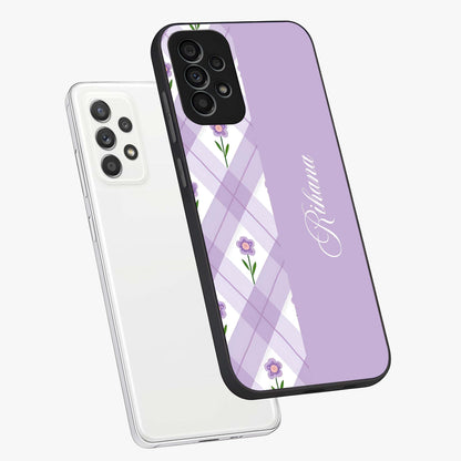 Purple Diamond Floral Glass Case displayed in angled mockup highlighting elegant purple flower design with decorative pattern.