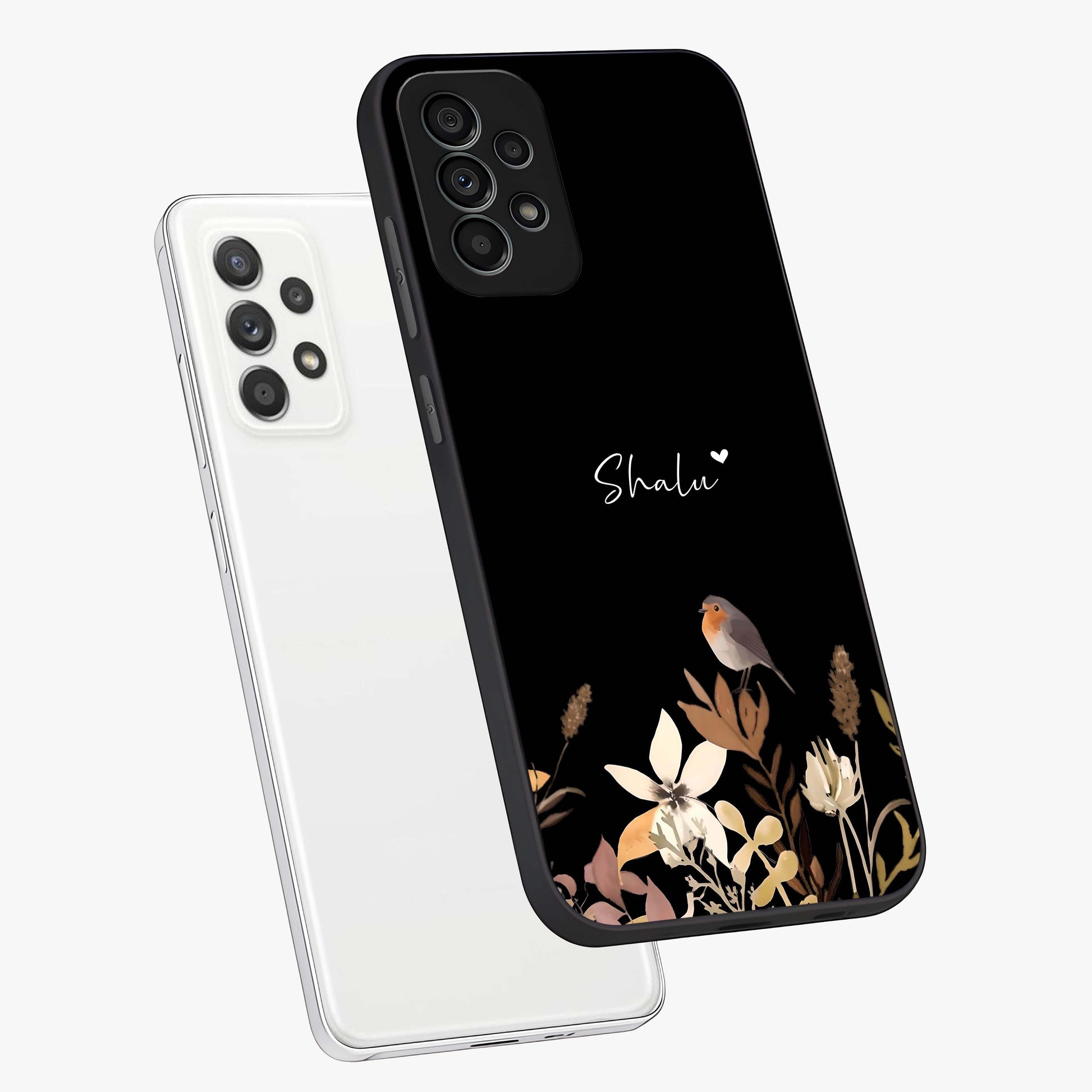 Quiet Garden Tune Custom Name Glass Case displayed in angled mockup highlighting delicate floral garden design with custom name feature.