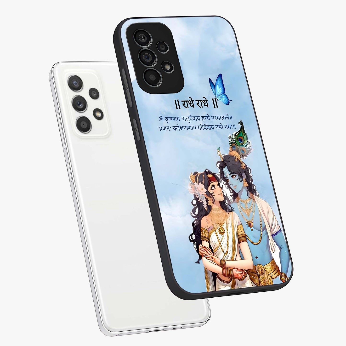 Radha Krishna Eternal Glass Case displayed in angled mockup highlighting divine Radha Krishna illustration with spiritual aesthetic.