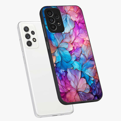Radiant Floral Whirl Glass Case displayed in angled mockup highlighting vibrant flower pattern with dynamic artistic aesthetic.
