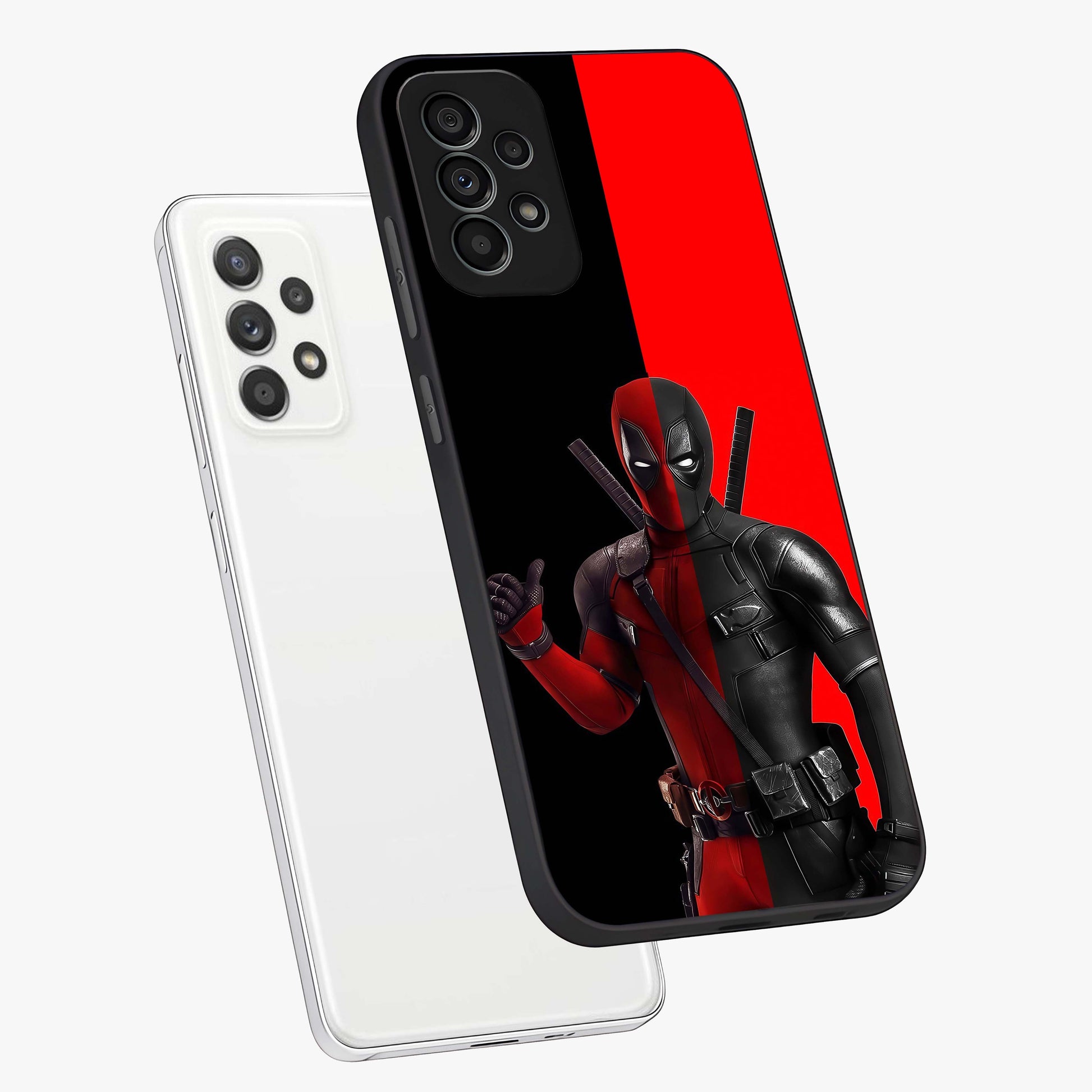 Red & Black Deadpool Theme Glass Case displayed in angled mockup highlighting vibrant superhero style illustration with action aesthetic.