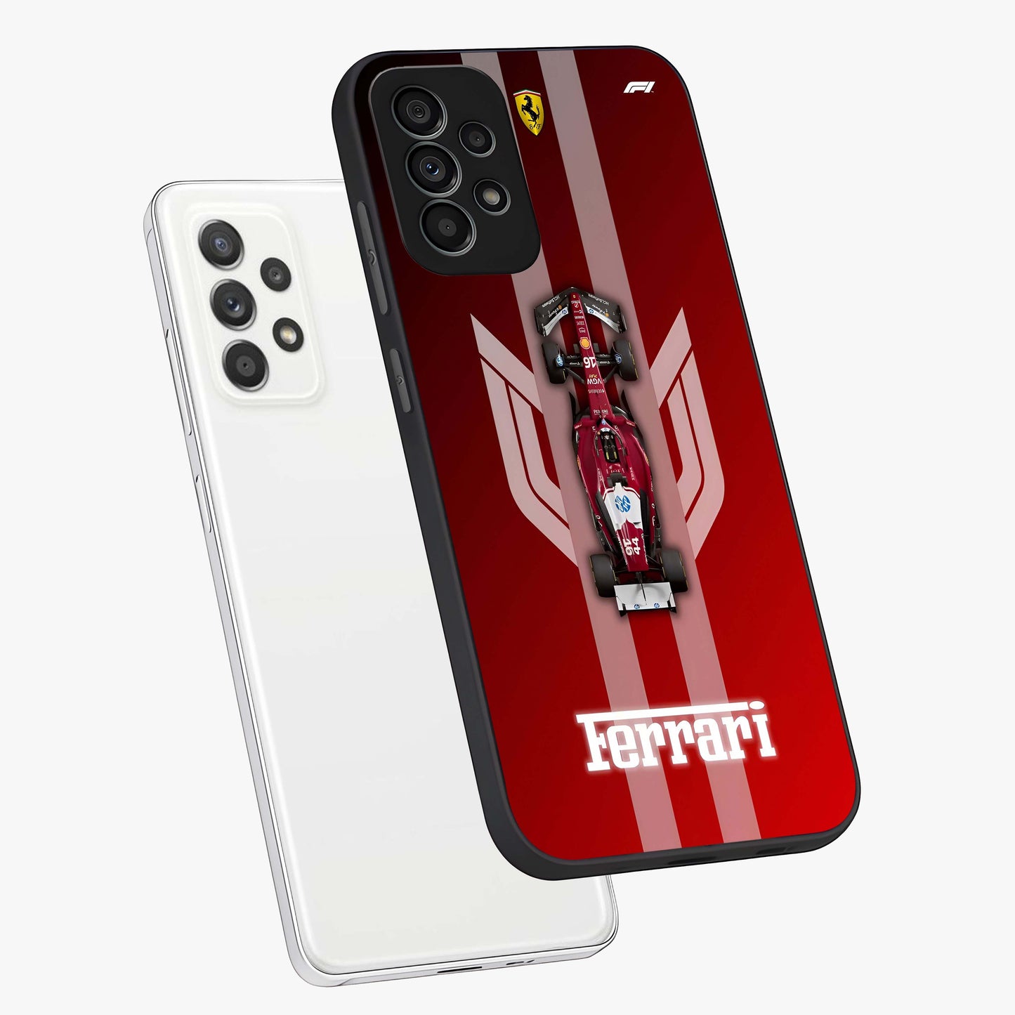 Red Ferrari F1 Vertical Glass Case displayed in angled mockup highlighting high speed racing design with bold automotive aesthetic.