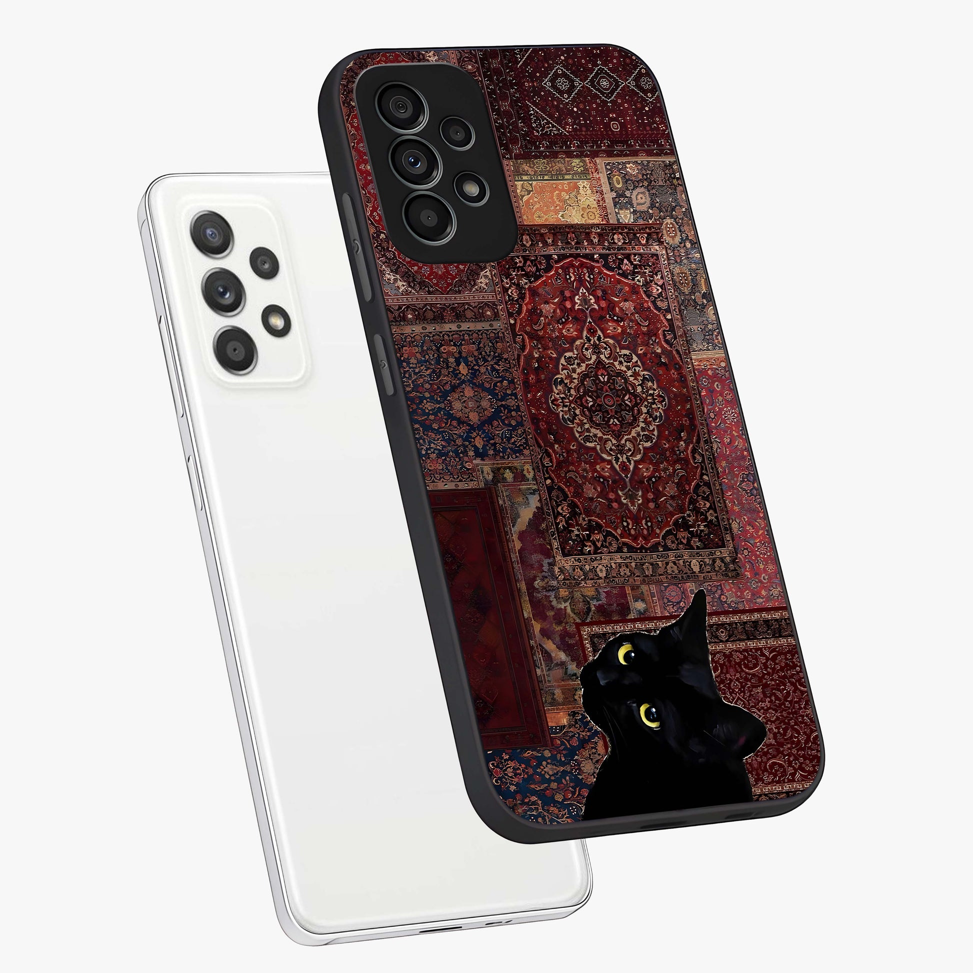 Regal Magic Cat Apple Glass Case displayed in angled mockup highlighting whimsical feline design with fantasy aesthetic.