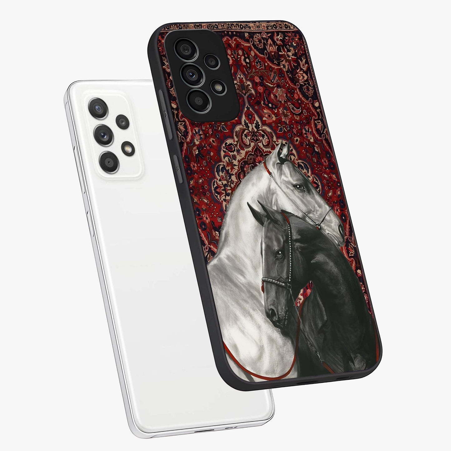 Regal Stallion Tapestry Glass Case displayed in angled mockup highlighting royal stallion design with decorative heritage aesthetic.