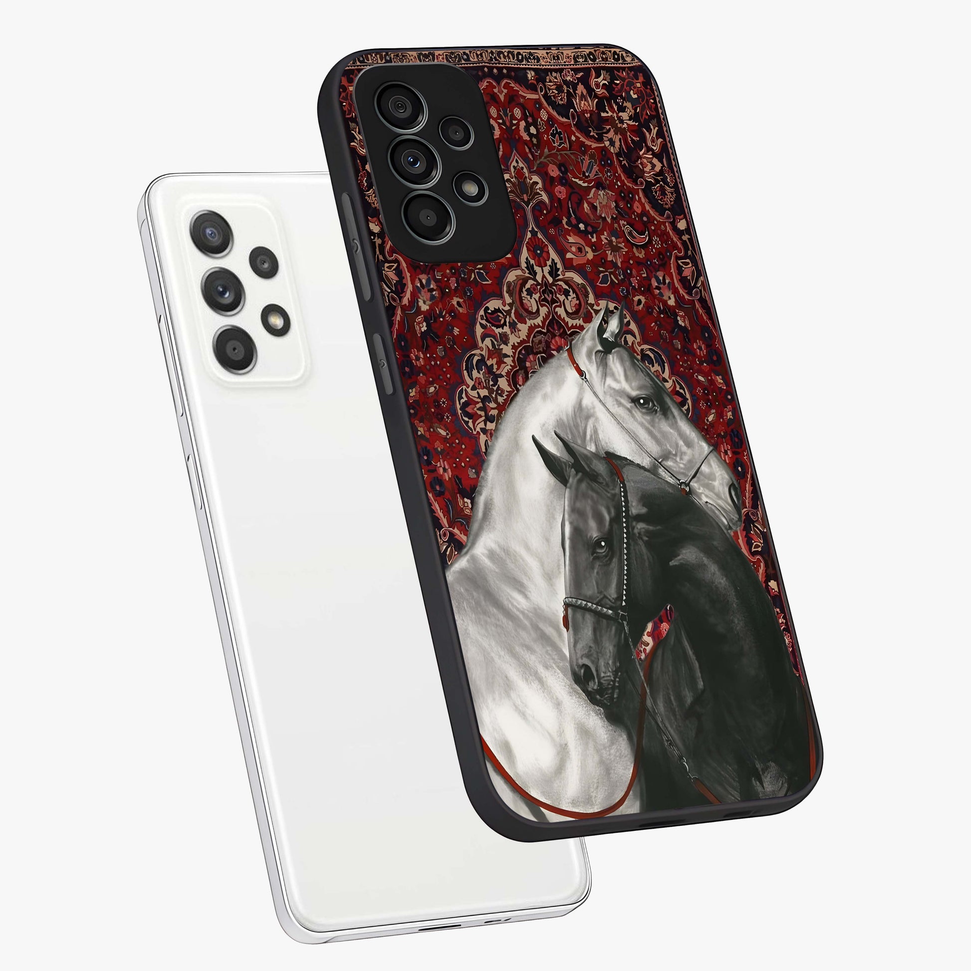 Regal Stallion Tapestry Glass Case displayed in angled mockup highlighting royal stallion design with decorative heritage aesthetic.