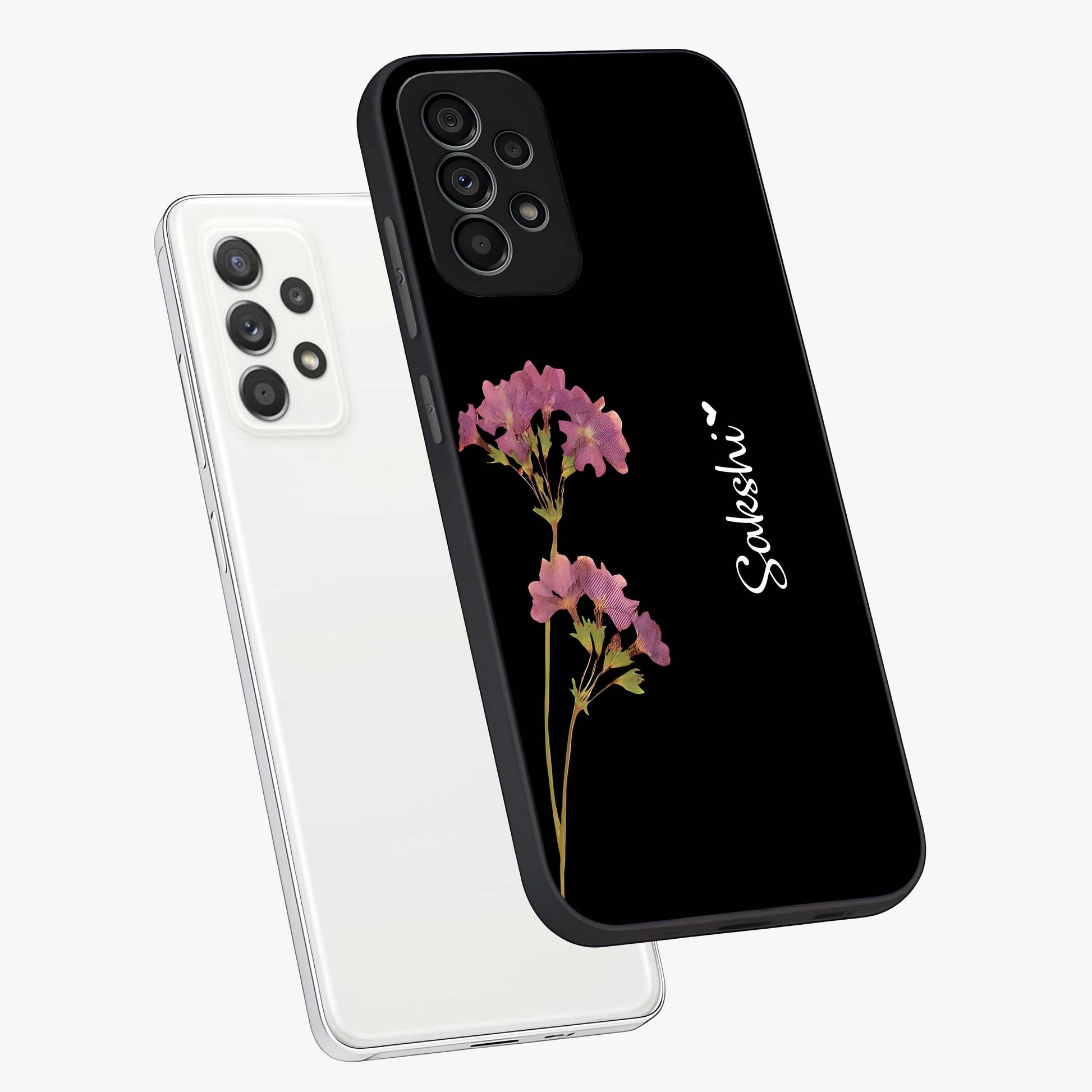 Riching Lavender Flower Custom Name Glass Case displayed in angled mockup highlighting delicate lavender flower design with custom name feature.