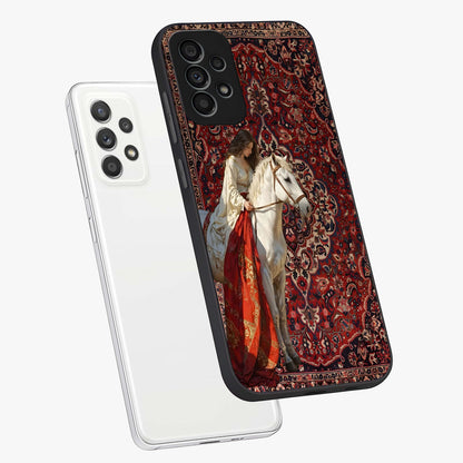 Royal Rider Tapestry Glass Case displayed in angled mockup highlighting traditional tapestry design with royal heritage aesthetic.