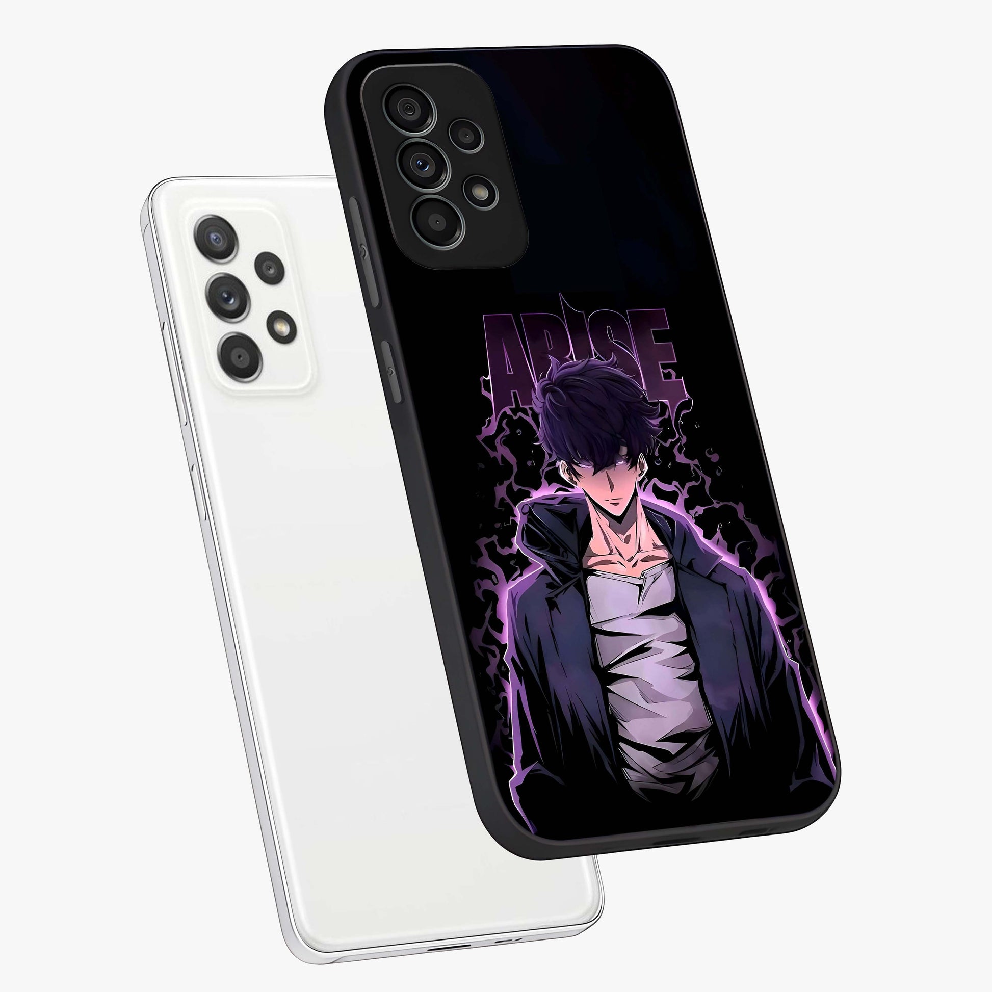 Shadow Monarch Awakening Glass Case displayed in angled mockup highlighting dramatic shadow warrior design with fantasy aesthetic.