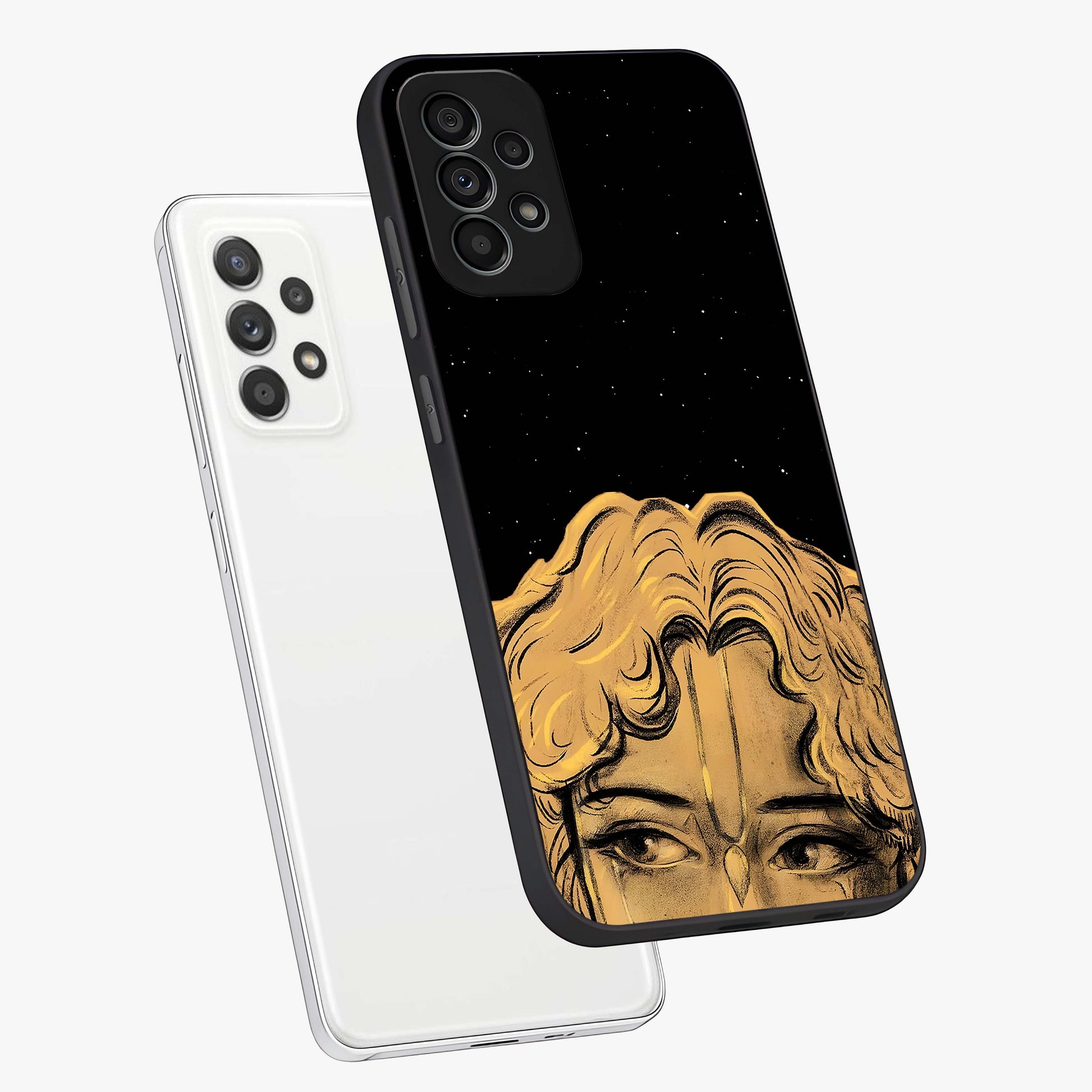 Shri Krishna Art Glass Case displayed in angled mockup highlighting spiritual Krishna illustration with divine aesthetic.