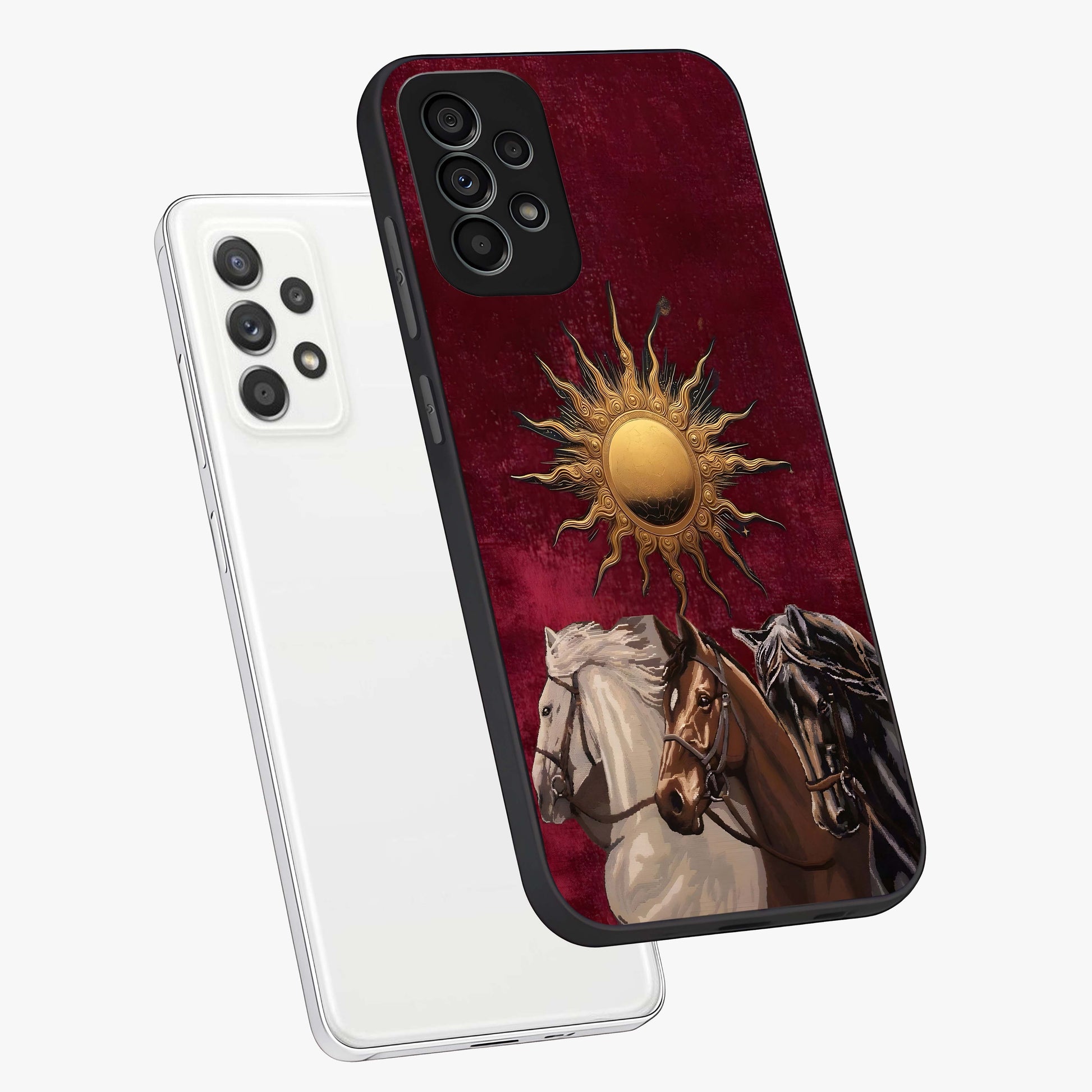 Solar Riders Glass Case displayed in angled mockup highlighting powerful rider illustration with radiant solar aesthetic.