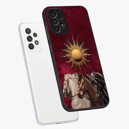 Solar Riders Glass Case displayed in angled mockup highlighting powerful rider illustration with radiant solar aesthetic.