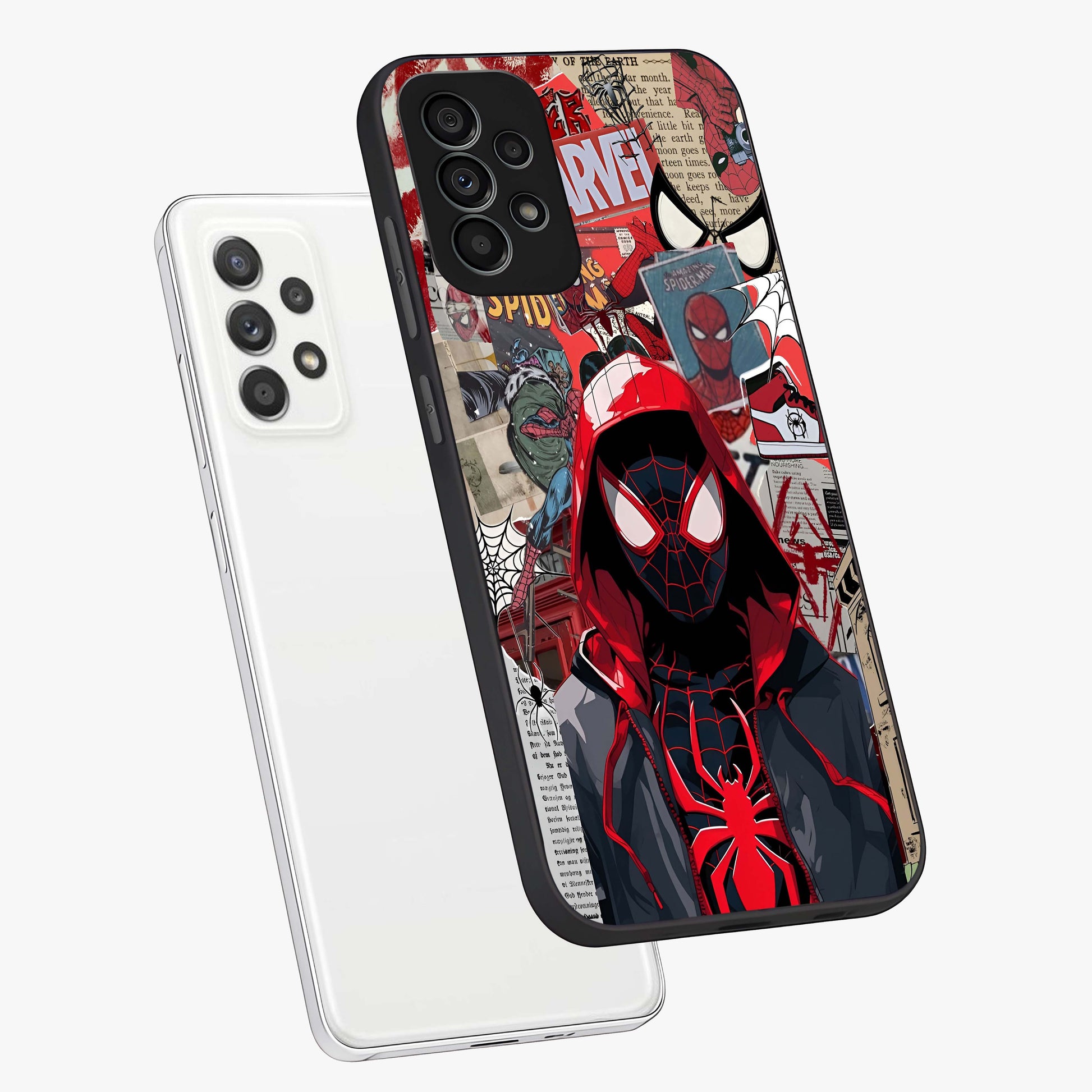 Spider Collage Street Glass Case displayed in angled mockup highlighting dynamic street style collage design with comic aesthetic.