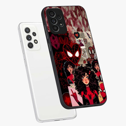 Spider Love Story Glass Case displayed in angled mockup highlighting expressive comic inspired design with playful aesthetic.