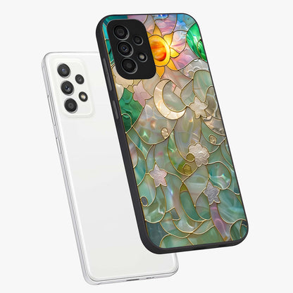 Stained Sunrise Glow Glass Case displayed in angled mockup highlighting radiant sunrise design with artistic aesthetic style.