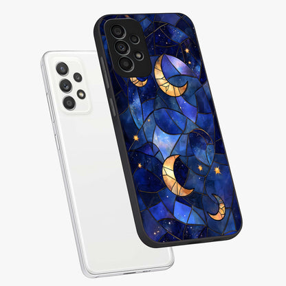 Starlit Sky Tapestry Glass Case displayed in angled mockup highlighting celestial night pattern with artistic aesthetic style.