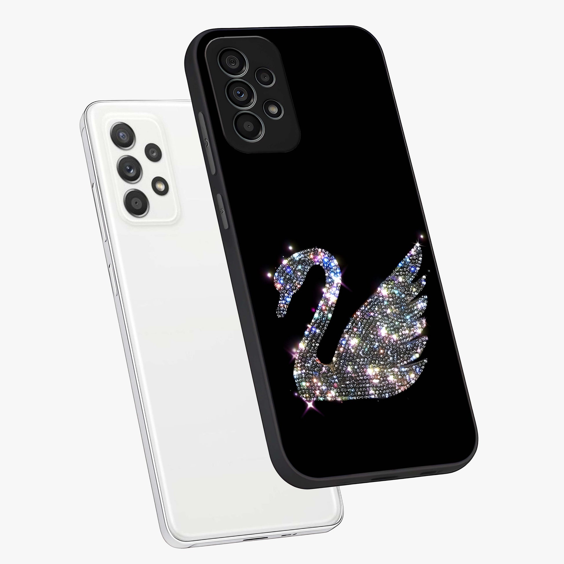 Starlit Swan Grace Glass Case displayed in angled mockup highlighting elegant swan illustration with dreamy celestial aesthetic.