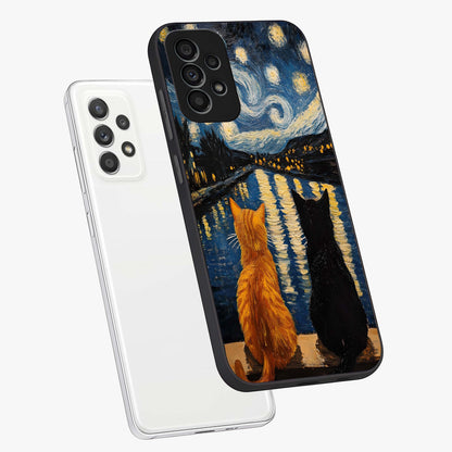 Starry River Cats Glass Case displayed in angled mockup highlighting charming feline illustration with dreamy night aesthetic.