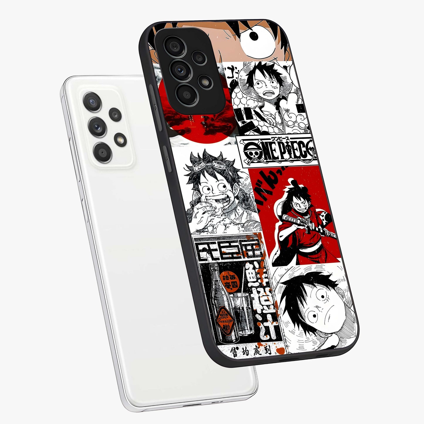 Strawhat Chaos Panels Glass Case displayed in angled mockup highlighting vibrant anime collage design with action aesthetic.