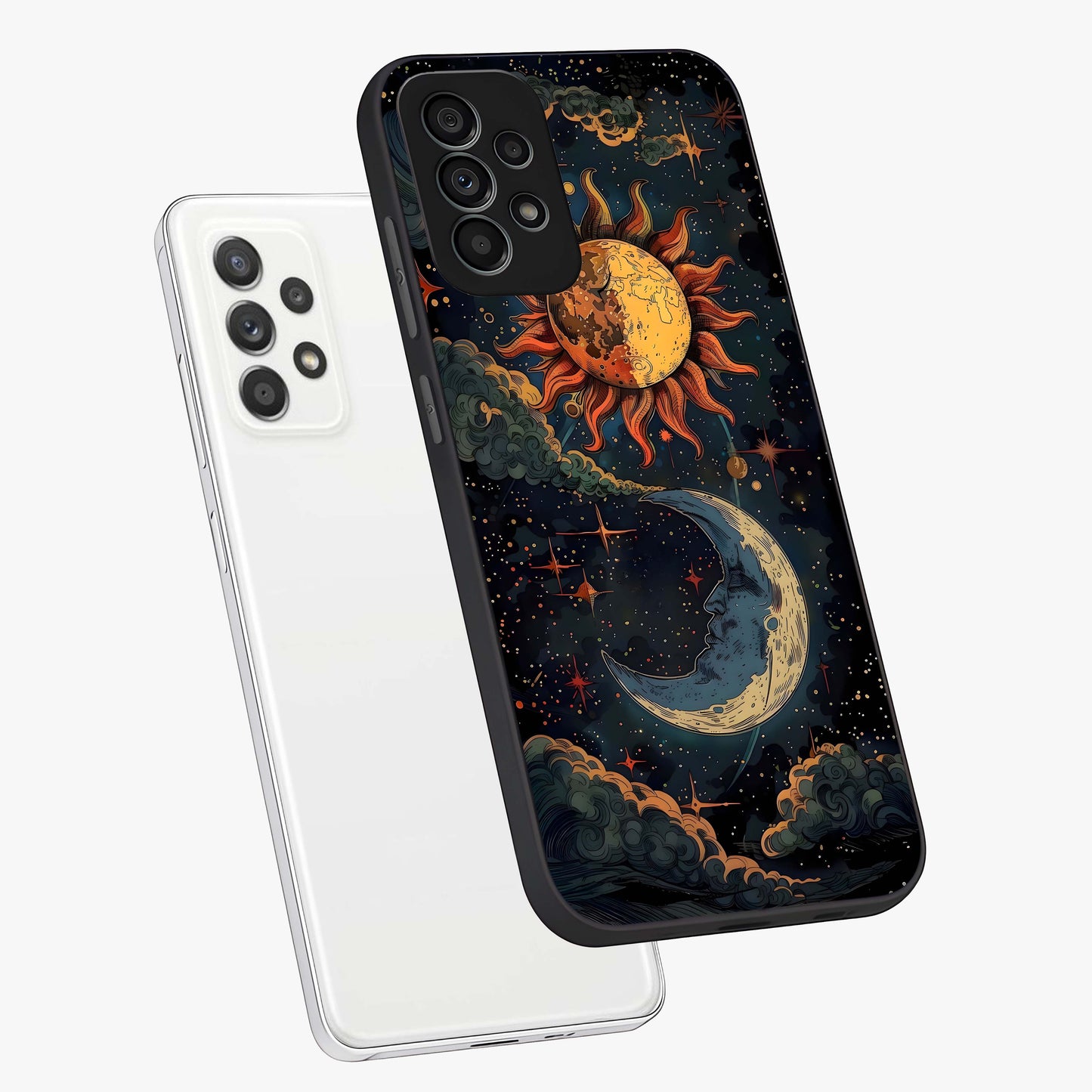 Sun And Moon Magic Design Glass Case displayed in angled mockup highlighting celestial design with magical cosmic aesthetic.