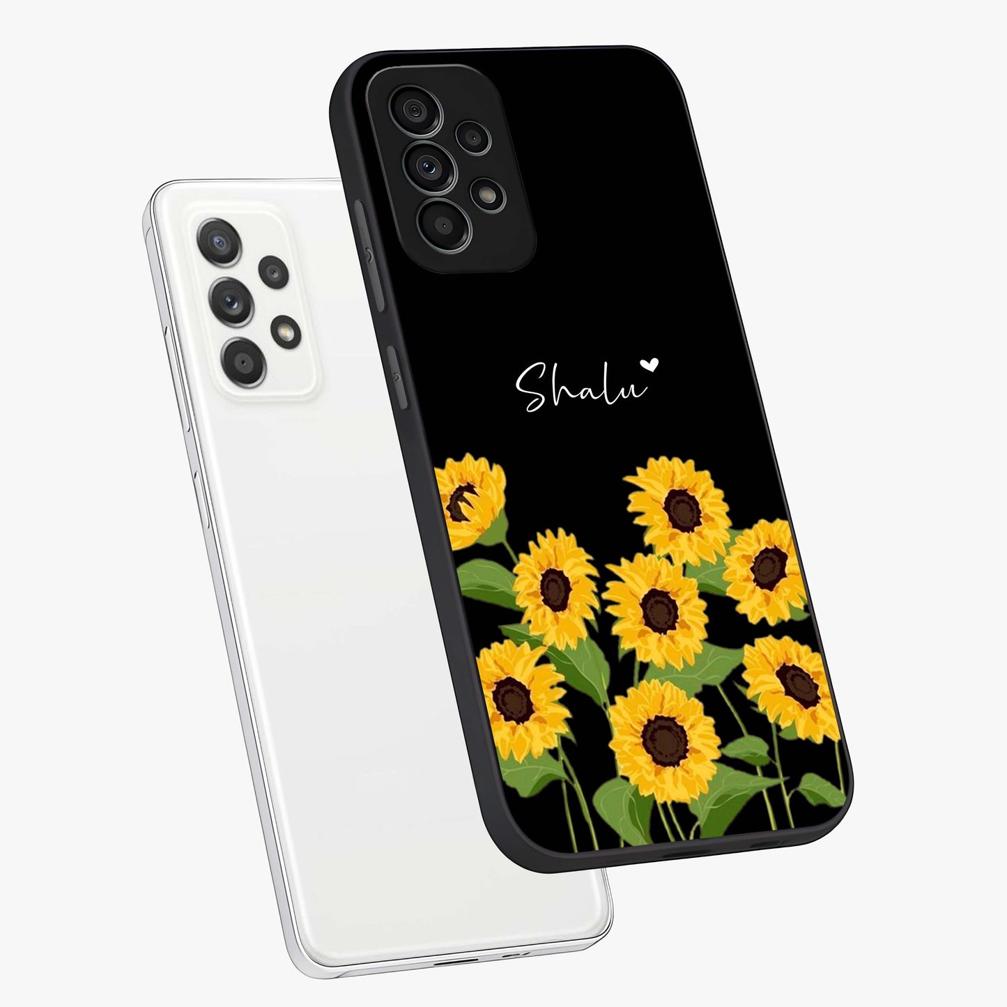 Sunflower Chic Mood Custom Name Glass Case displayed in angled mockup highlighting vibrant sunflower design with custom name feature.