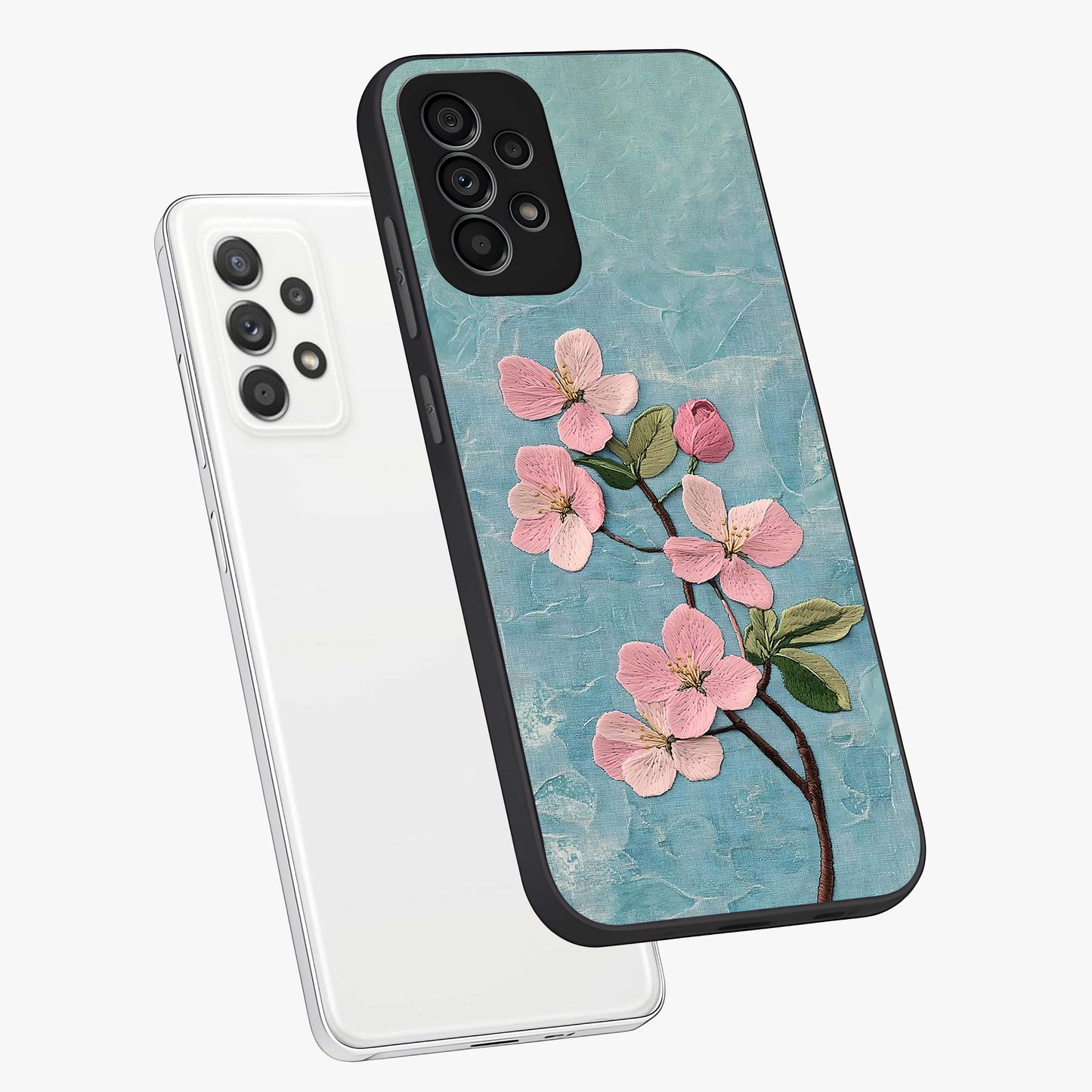 Threaded Blossom Breeze Glass Case displayed in angled mockup highlighting elegant floral design with soft aesthetic style.