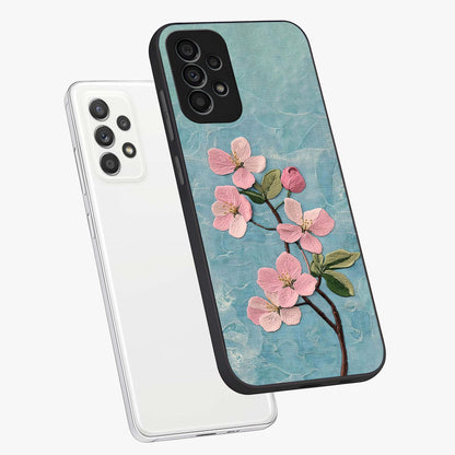 Threaded Blossom Breeze Glass Case displayed in angled mockup highlighting elegant floral design with soft aesthetic style.
