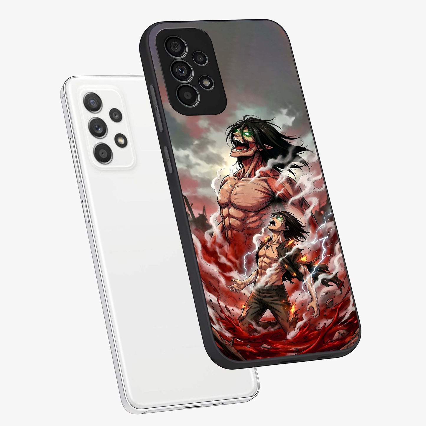 Titan Awakening Fury Glass Case displayed in angled mockup highlighting dramatic giant warrior design with bold anime aesthetic.
