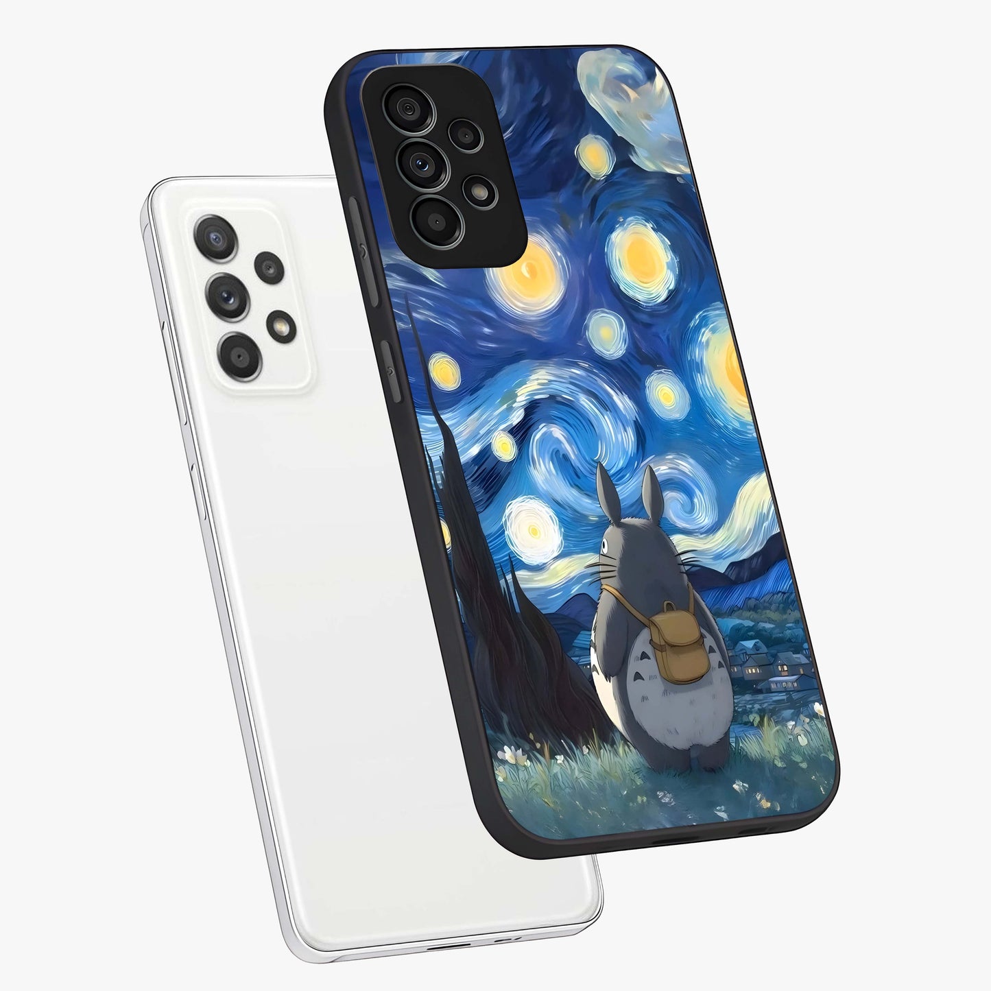 Totoro In Van Gogh Art Glass Case displayed in angled mockup highlighting artistic swirling sky design with playful animation aesthetic.