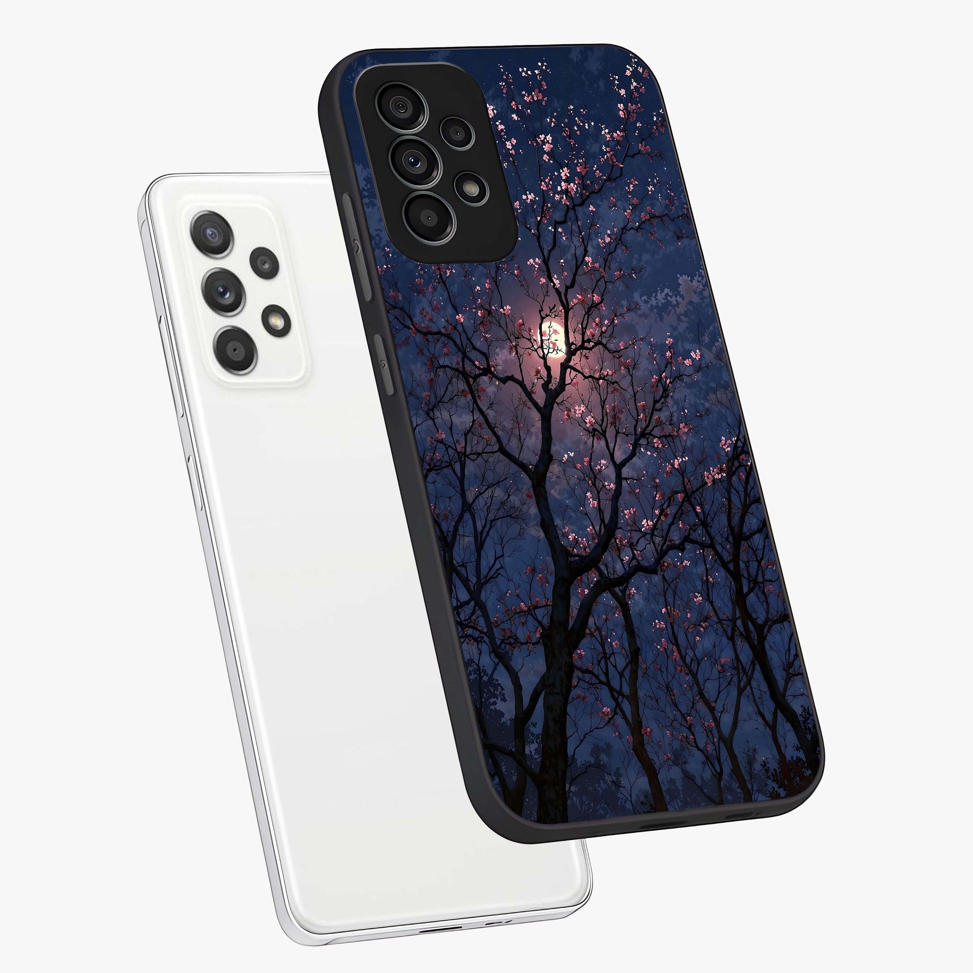 Twilight Sakura Serenade Glass Case displayed in angled mockup highlighting delicate sakura flower design with dreamy aesthetic.