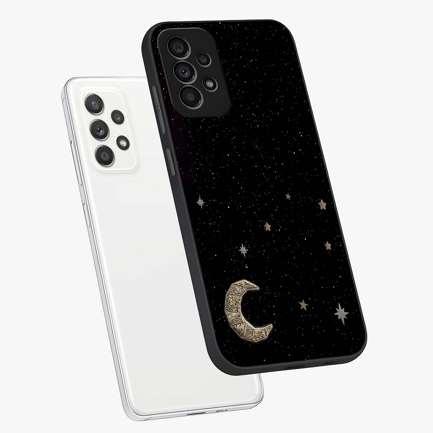 Twinkle Star With Half Moon Glass Case displayed in angled mockup highlighting celestial moon and star design with magical aesthetic.