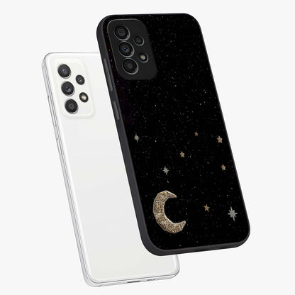 Twinkle Star With Half Moon Glass Case displayed in angled mockup highlighting celestial moon and star design with magical aesthetic.