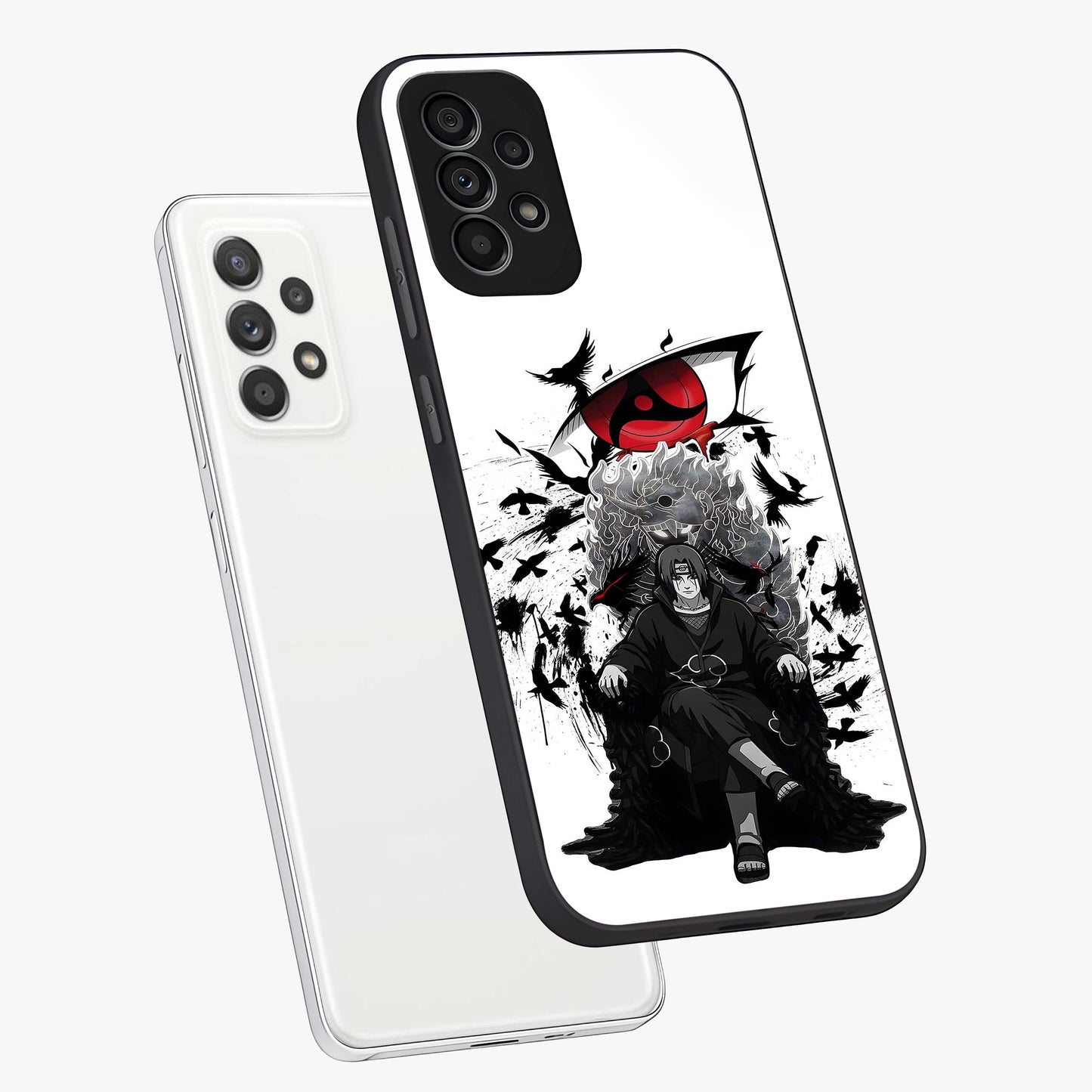 Uchiha Shadow Throne Glass Case displayed in angled mockup highlighting glowing aquatic design with celestial aesthetic.