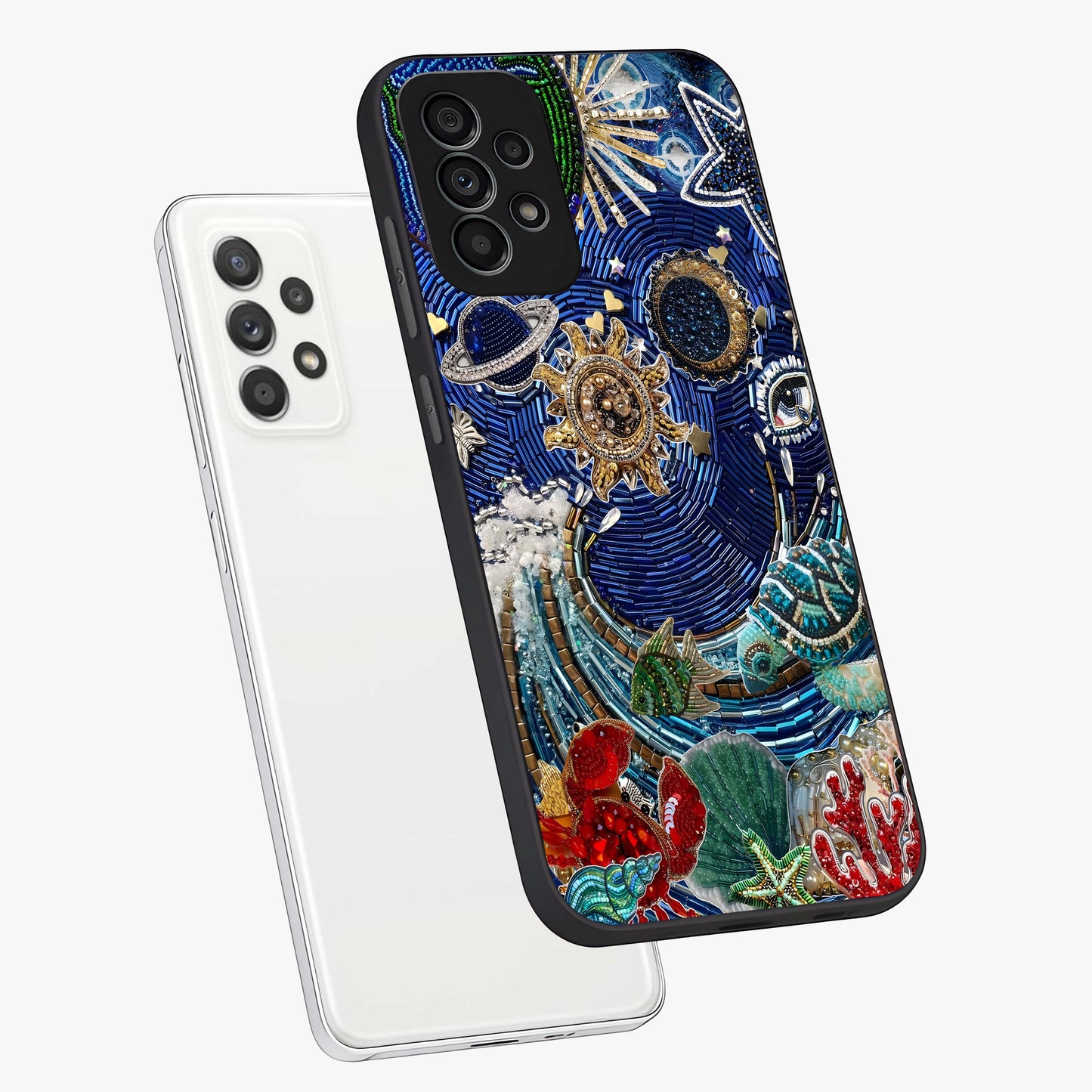 Universe Underwater Spark Glass Case displayed in angled mockup highlighting glowing aquatic design with celestial aesthetic.