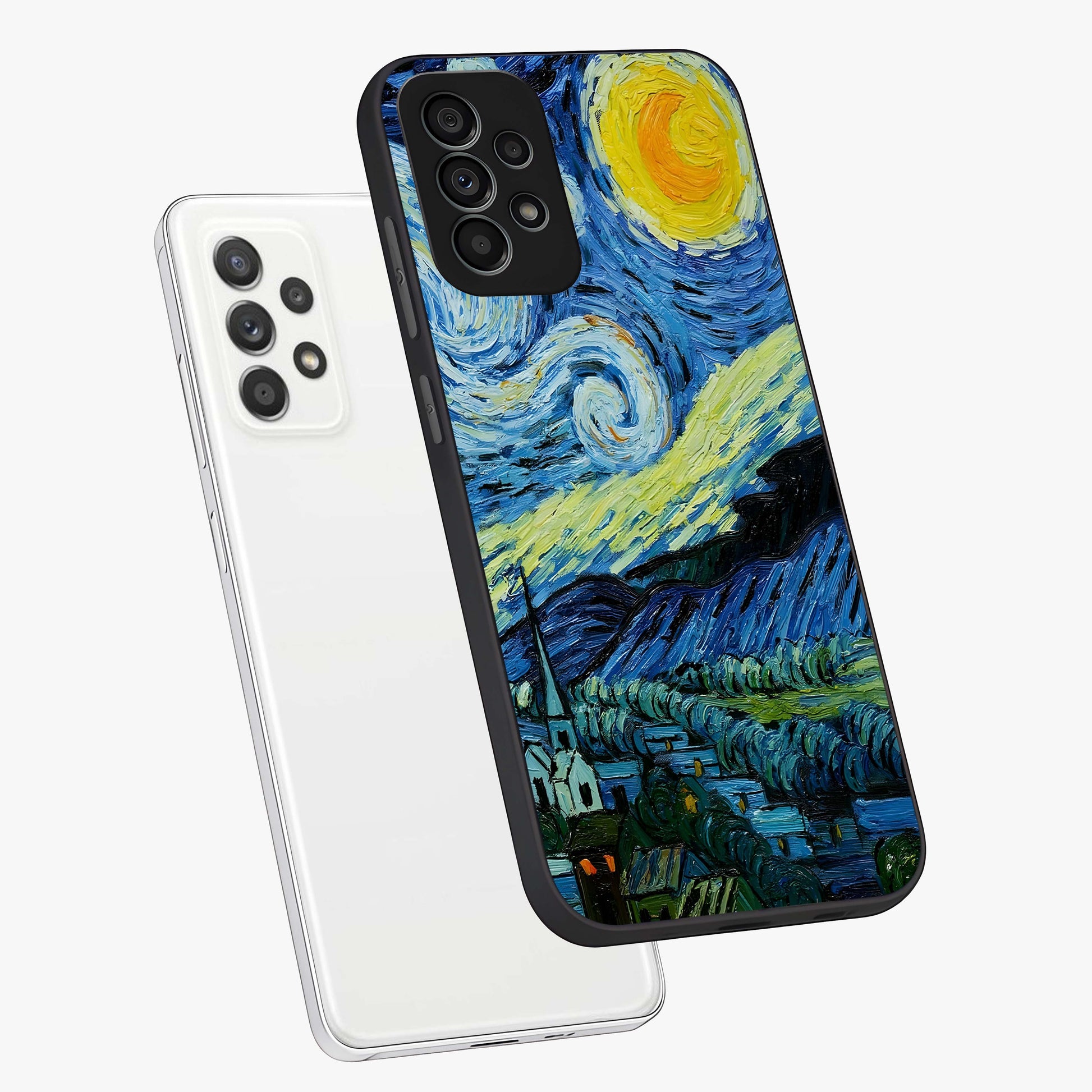 Van Gogh Art Glass Case displayed in angled mockup highlighting swirling brushstroke design with artistic aesthetic.