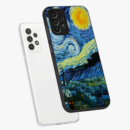 Van Gogh Art Glass Case displayed in angled mockup highlighting swirling brushstroke design with artistic aesthetic.