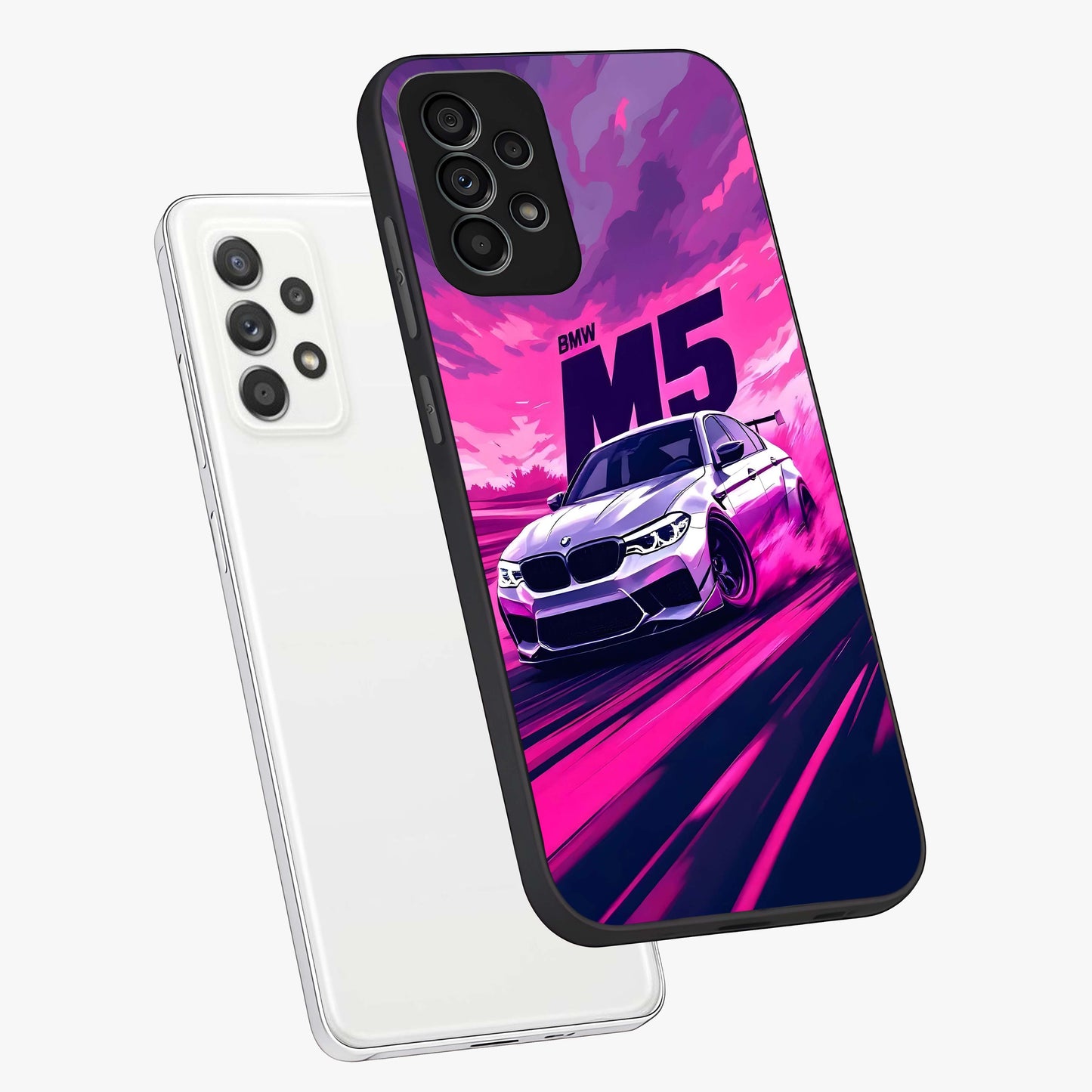 Velocity Drift Pulse Glass Case displayed in angled mockup highlighting dynamic drift design with sporty automotive aesthetic.