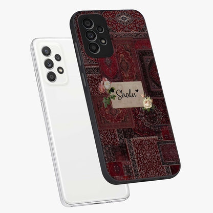 Velvet Wine Pattern Custom Name Glass Case displayed in angled mockup highlighting decorative velvet inspired design with custom name feature.