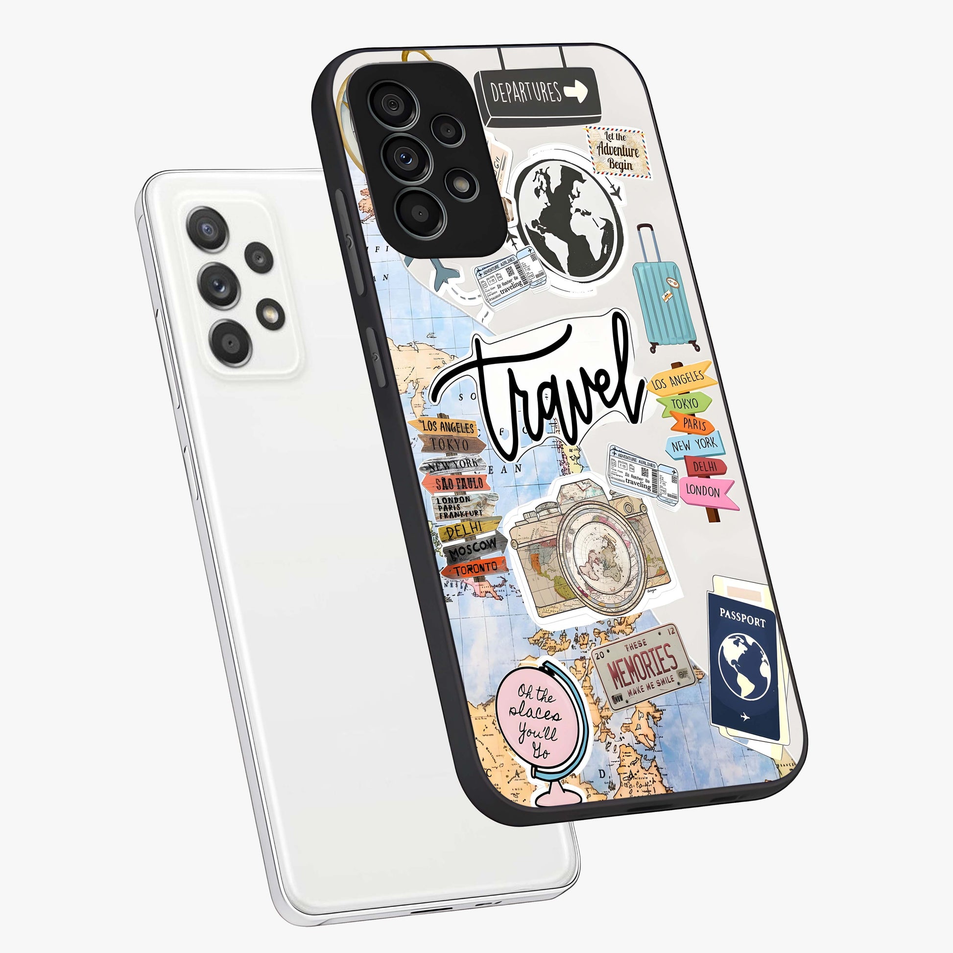 Wanderlust Journal Glass Case displayed in angled mockup highlighting adventure themed design with aesthetic travel vibe.